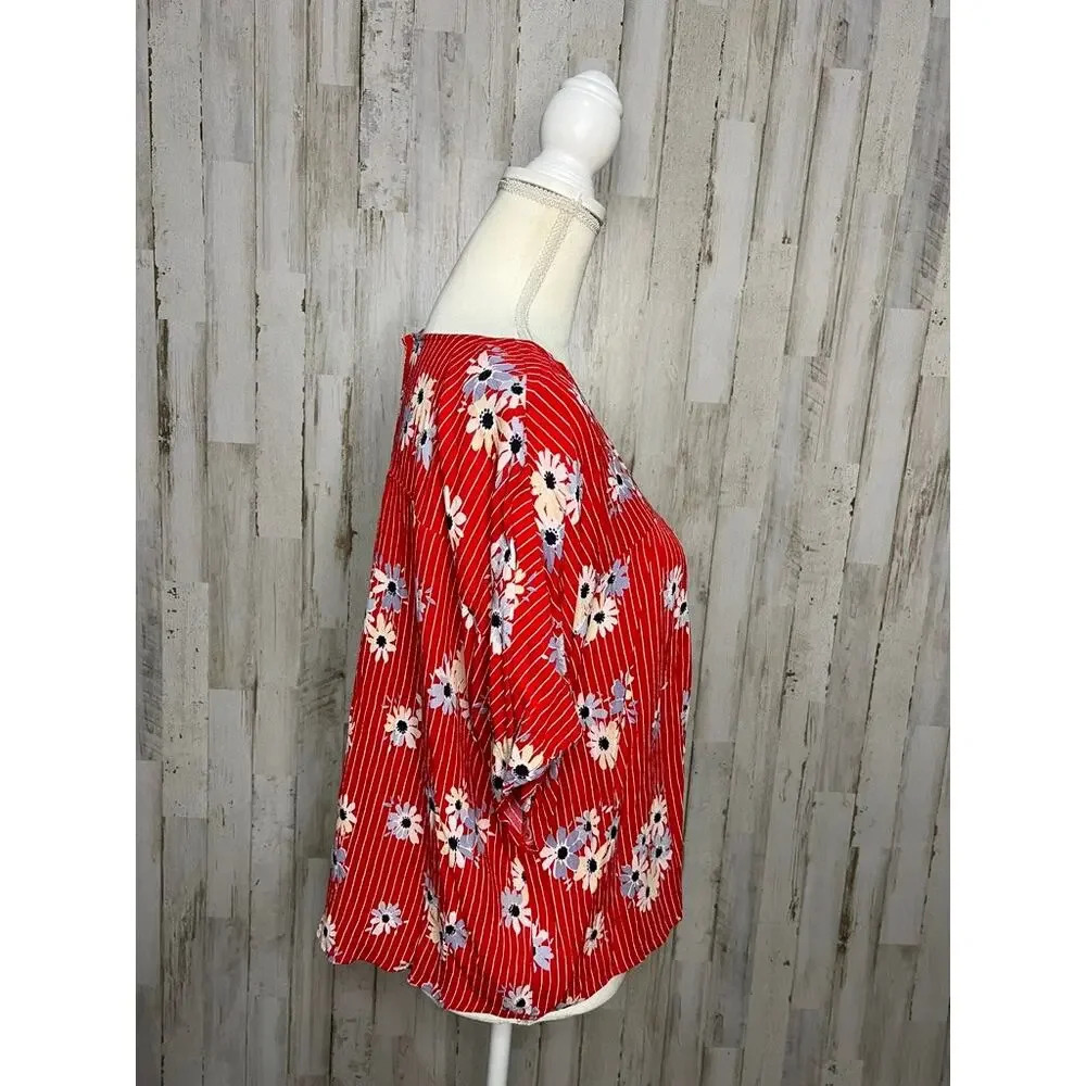 Madewell Women's Large Floral Cropped Blouse Red V-Neck Short Sleeve - Picture 2 of 5